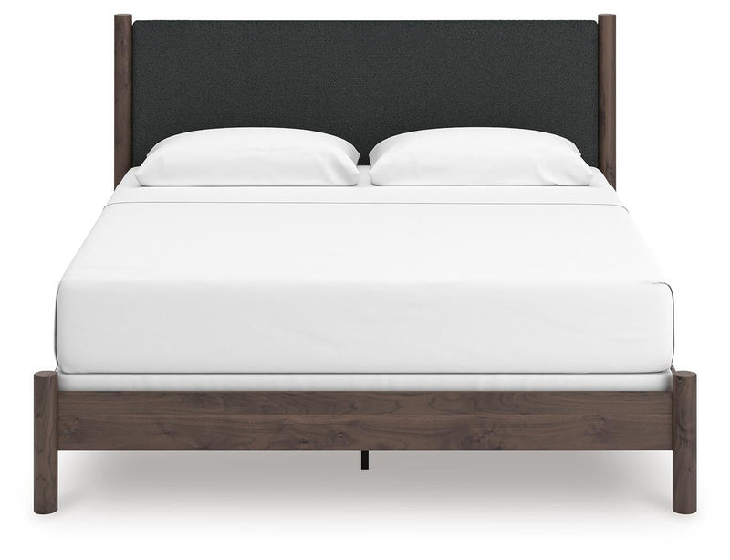 Cadmori King Upholstered Panel Bed, Dresser, Mirror and Nightstand