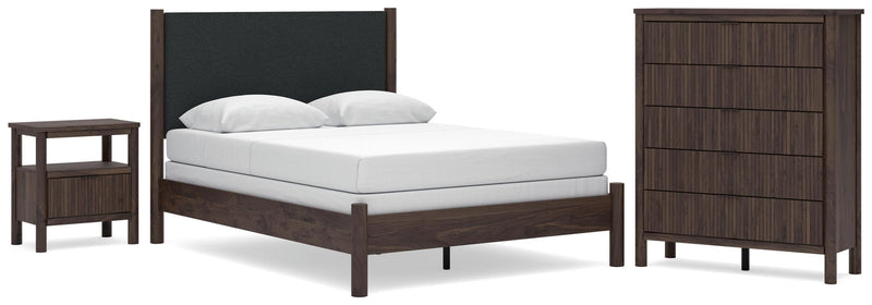 Cadmori Queen Upholstered Panel Bed, Dresser, Mirror and Nightstand
