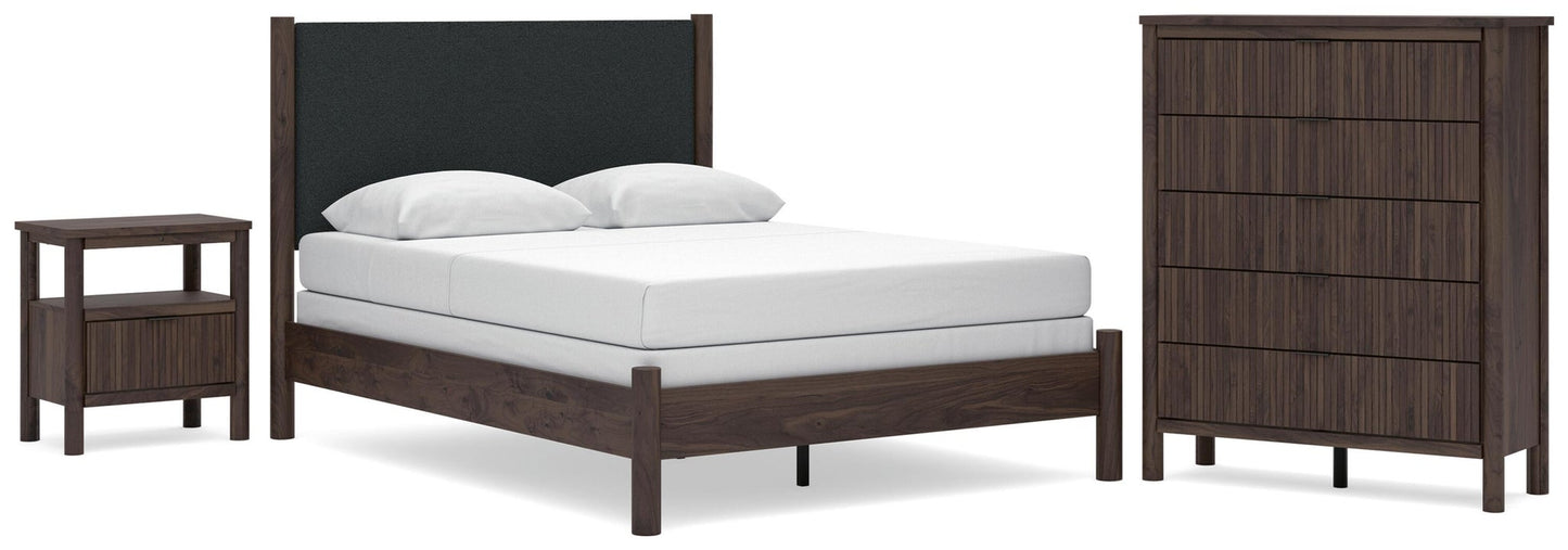 Pamytta Queen Upholstered Panel Bed, Dresser, Mirror and Nightstand