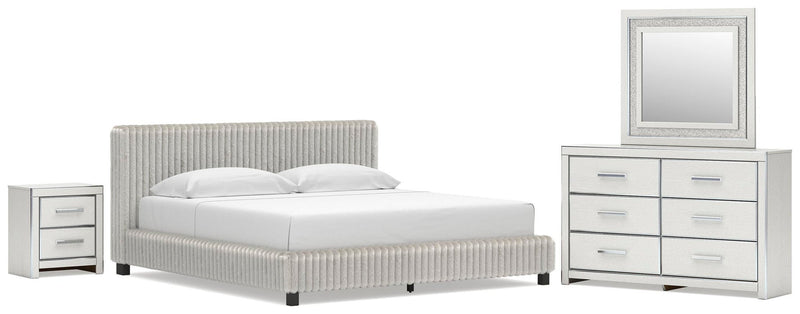 Birmonton King Upholstered Bed, Dresser, Mirror and Nightstand