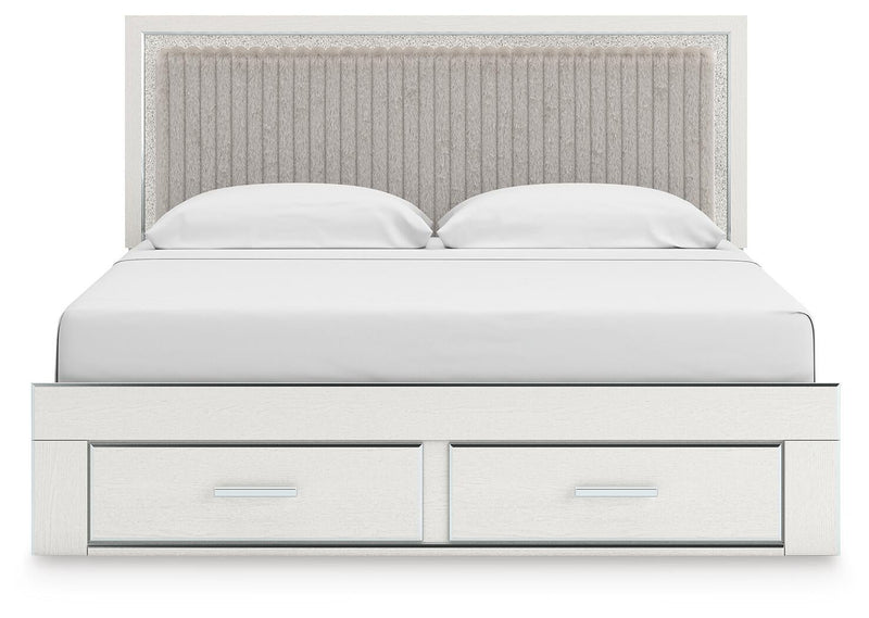 Birmonton King Upholstered Panel Platform Storage Bed, Dresser, Mirror and Nightstand