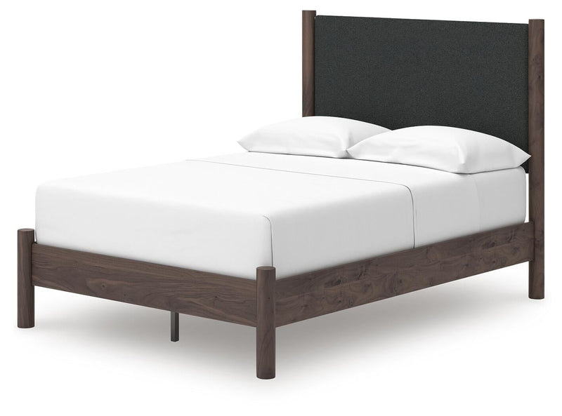 Cadmori Full Upholstered Panel Platform Bed, Dresser and Mirror