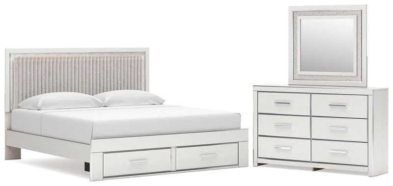 Birmonton King Upholstered Panel Platform Storage Bed, Dresser and Mirror