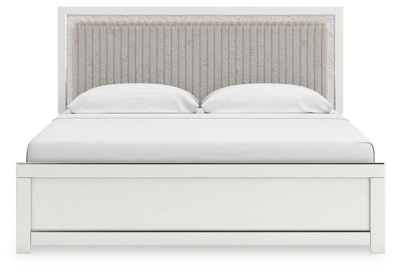 Birmonton King Upholstered Panel Platform Bed, Dresser, Mirror and Nightstand