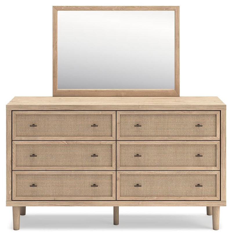 Cielden Queen Upholstered Bed with Roll Slats, Dresser and Mirror