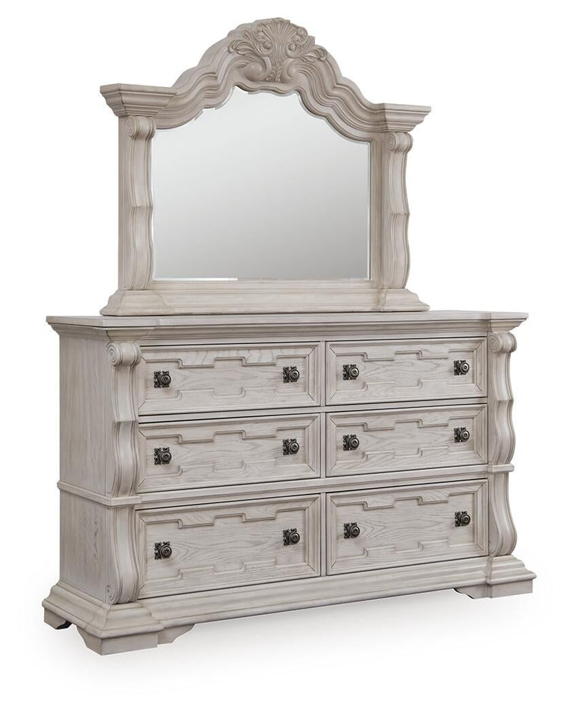 Andonhall King Upholstered Panel Bed with Mirrored Dresser