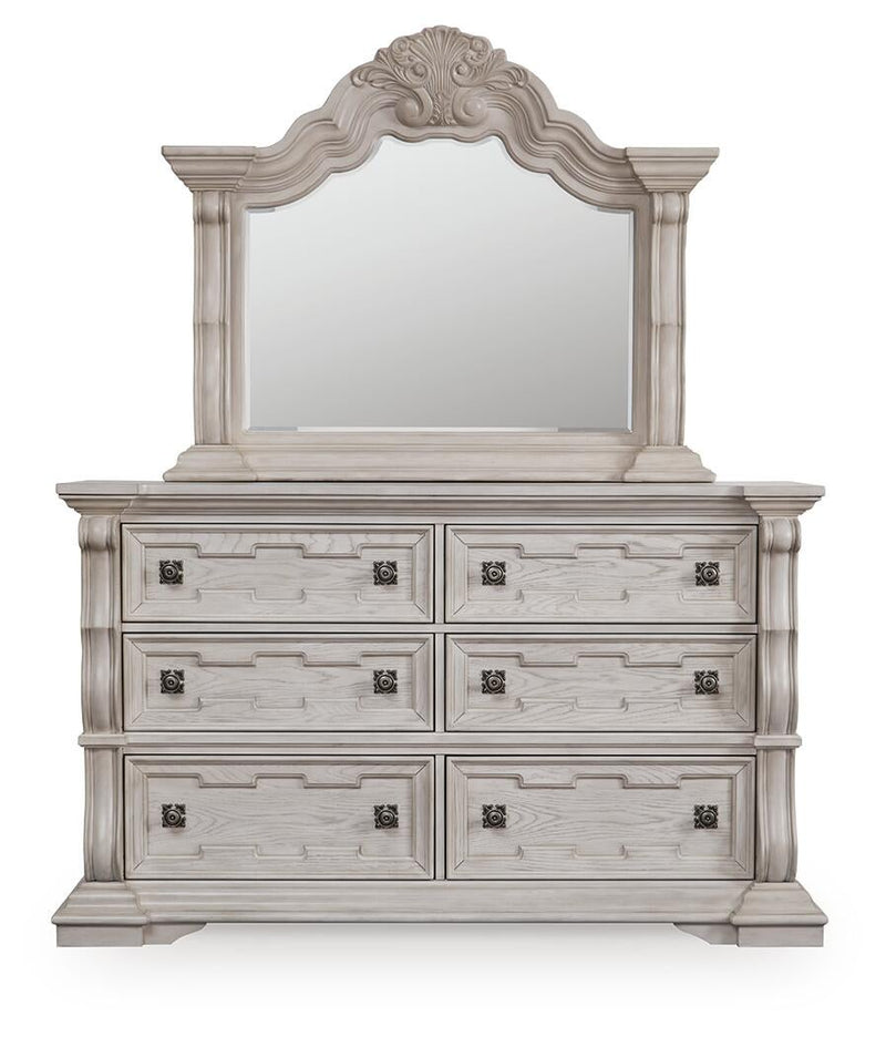Andonhall King Upholstered Panel Bed with Mirrored Dresser