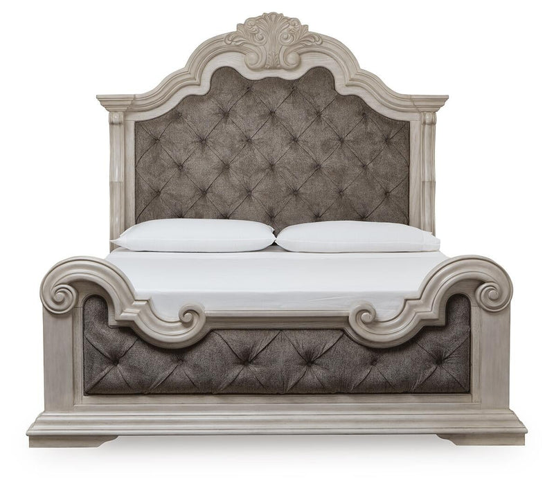 Andonhall King Upholstered Panel Bed with Mirrored Dresser