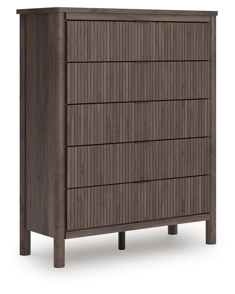 Cadmori Queen Upholstered Panel Bed, Dresser, Mirror, Chest and Nightstand