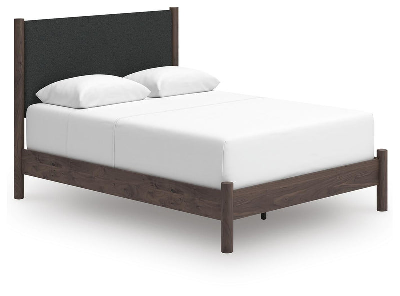 Cadmori Queen Upholstered Panel Bed, Dresser, Mirror and Nightstand