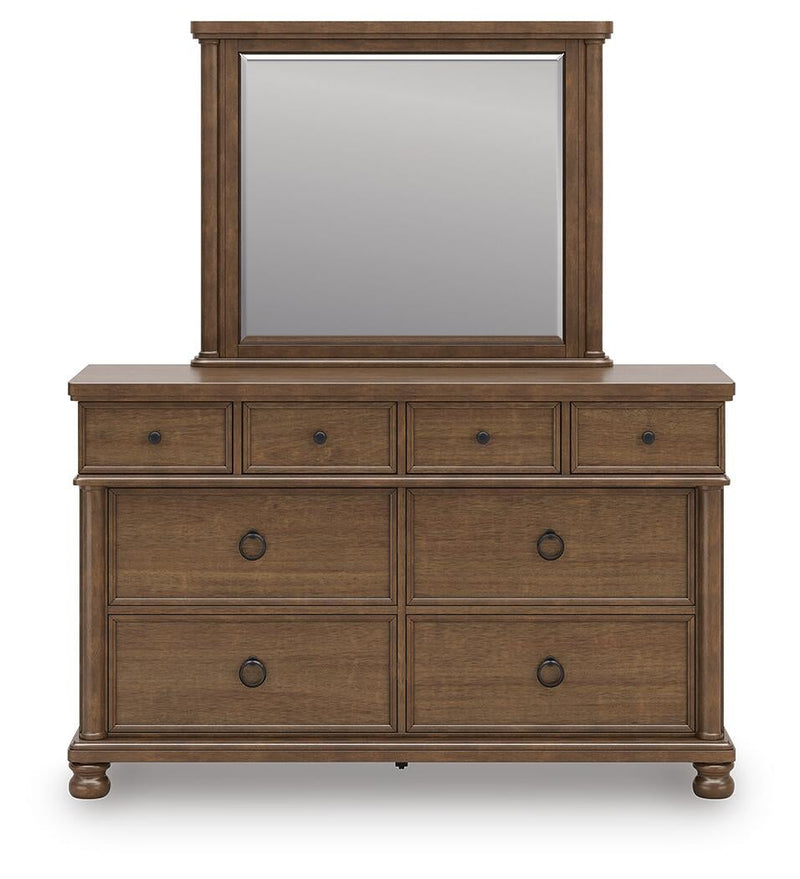 Chadworth King Poster Bed with Mirrored Dresser and Nightstand