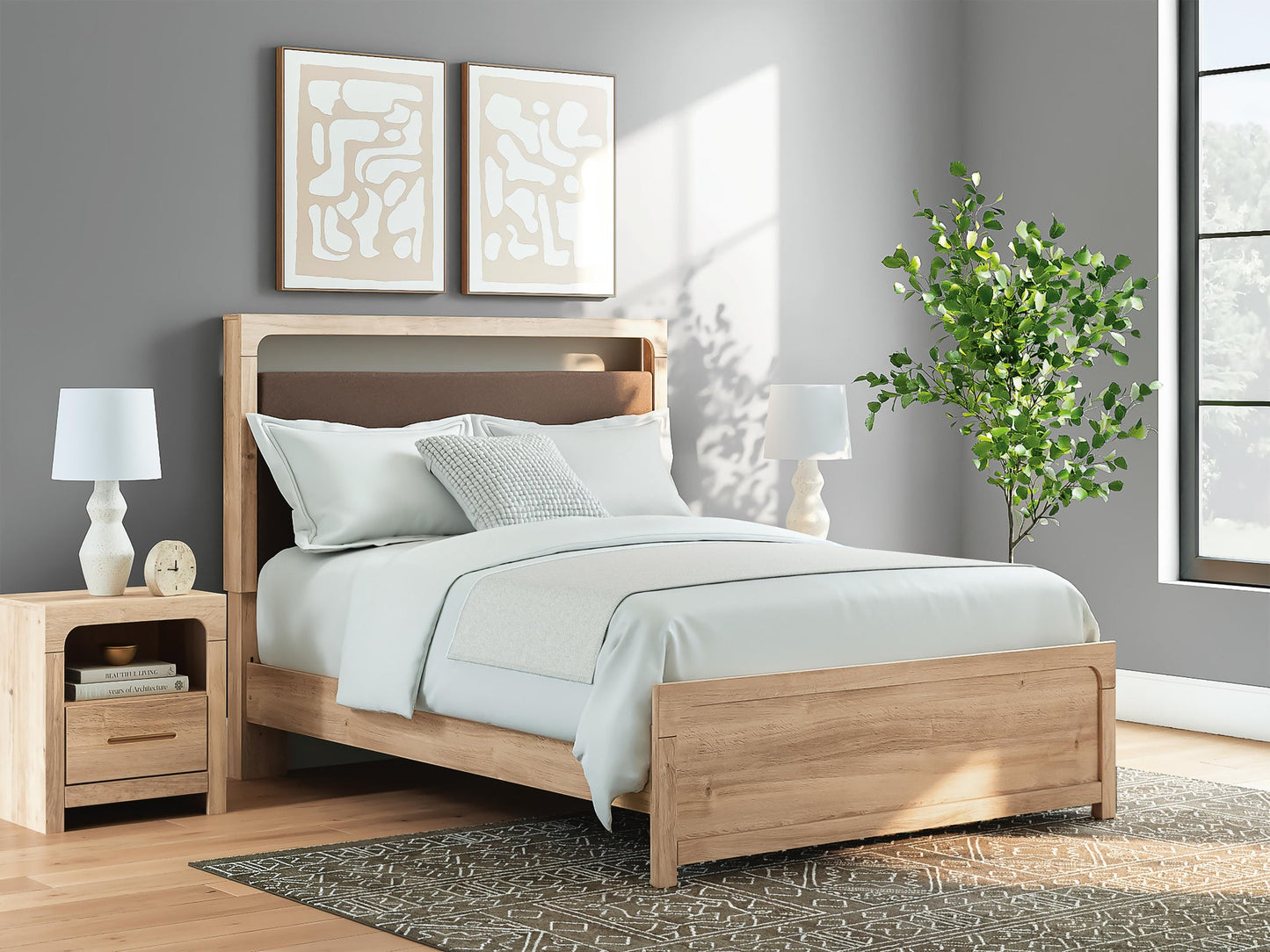 Kinlanni Queen Upholstered Platform Bed, Dresser, Mirror and Nightstand
