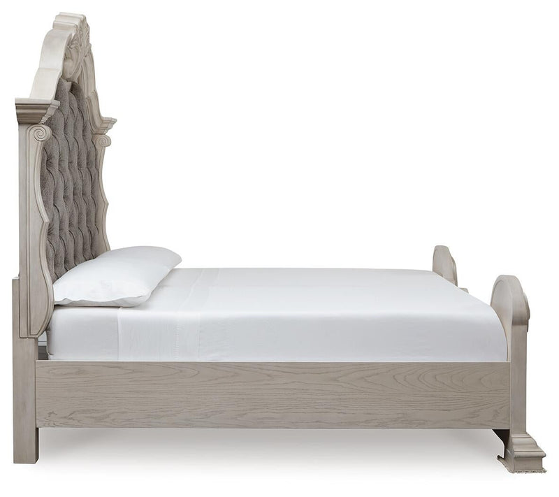 Andonhall California King Upholstered Panel Bed with Mirrored Dresser and Nightstand