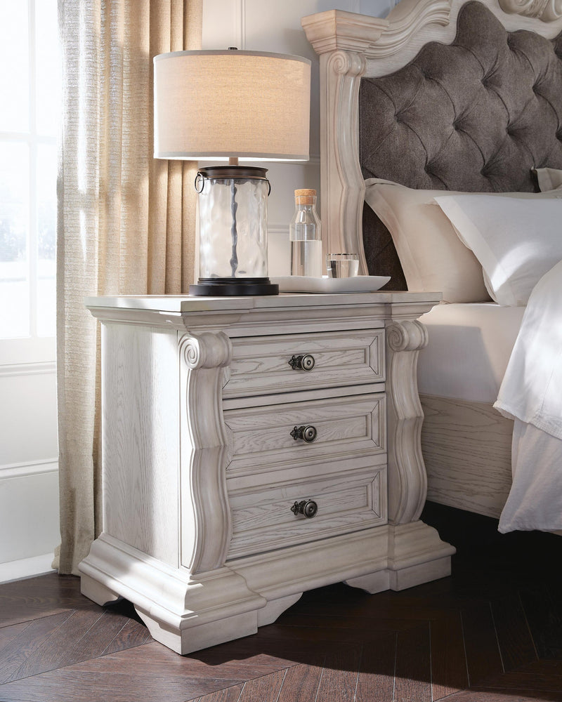 Andonhall California King Upholstered Panel Bed with Mirrored Dresser and Nightstand