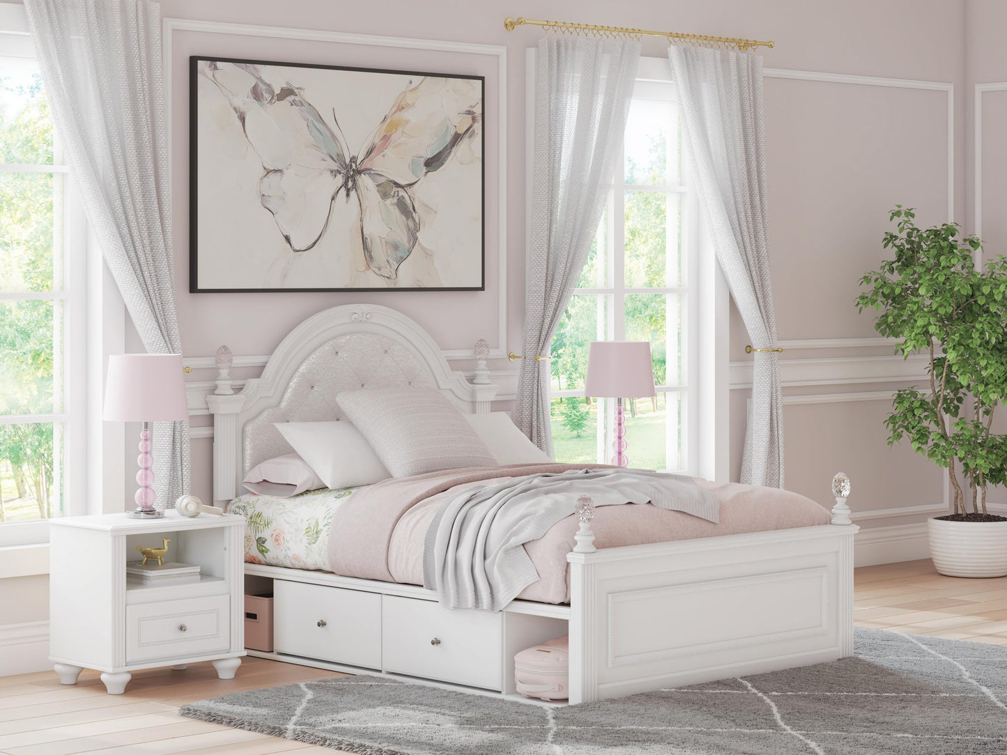 Kozlani Full Upholstered Panel Storage Bed, Dresser, Mirror and Nightstand