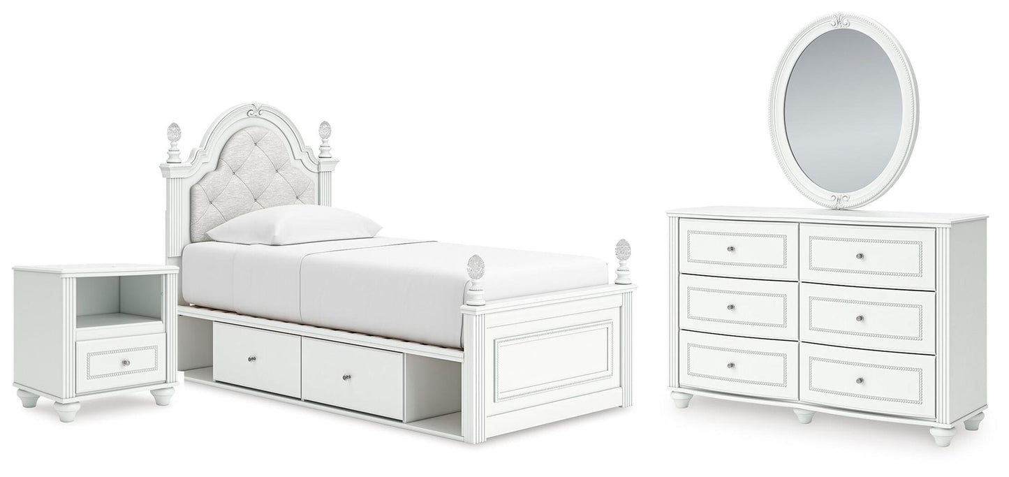 Kozlani Twin Upholstered Panel Storage Bed, Dresser, Mirror and Nightstand