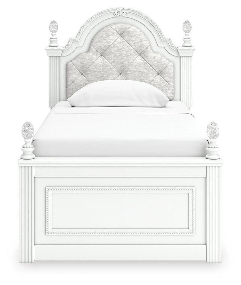 Maylilly Twin Upholstered Panel Bed, Dresser, Mirror and Nightstand
