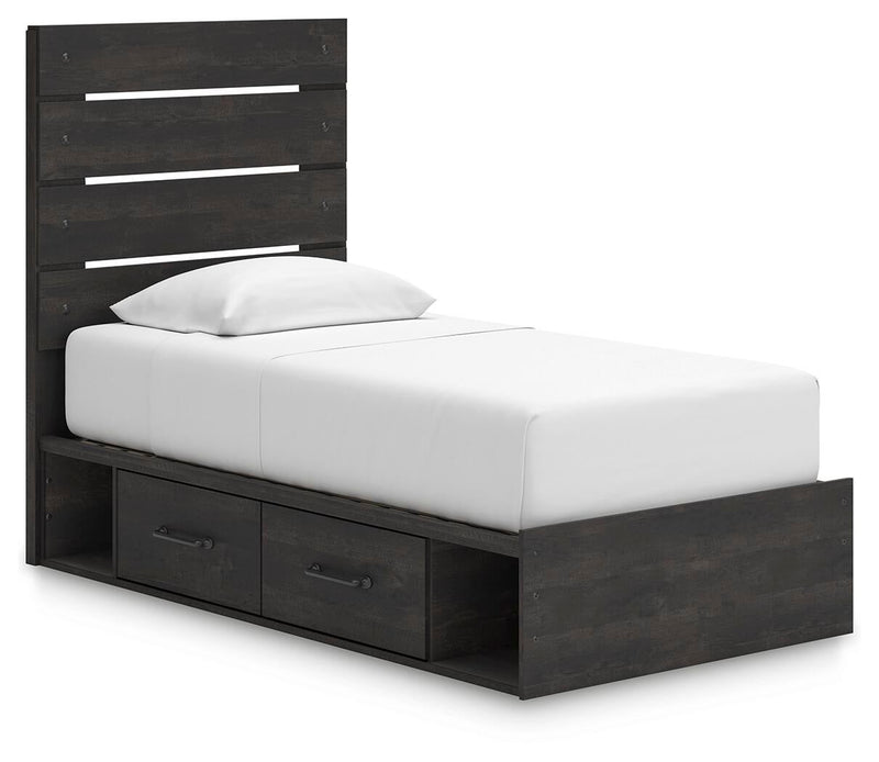 Delmorta Twin Panel Bed with Storage, Dresser and Mirror