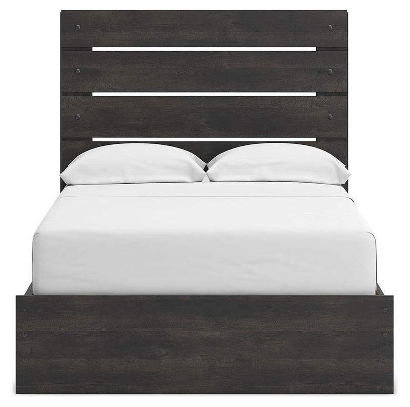 Delmorta Full Panel Bed with Storage, Dresser, Mirror, Chest and Nightstand