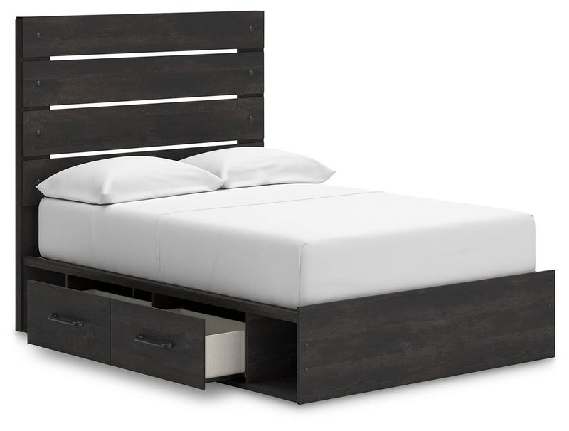 Delmorta Full Panel Bed with Storage, Dresser, Mirror, Chest and Nightstand